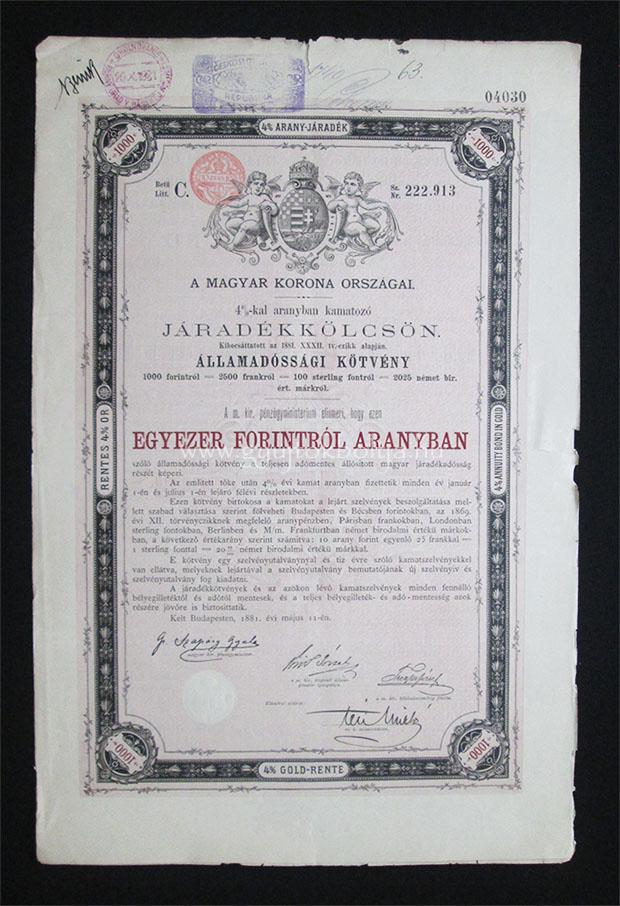 Államadóssági kötvény járadékkölcsön 1000 arany forint 1881